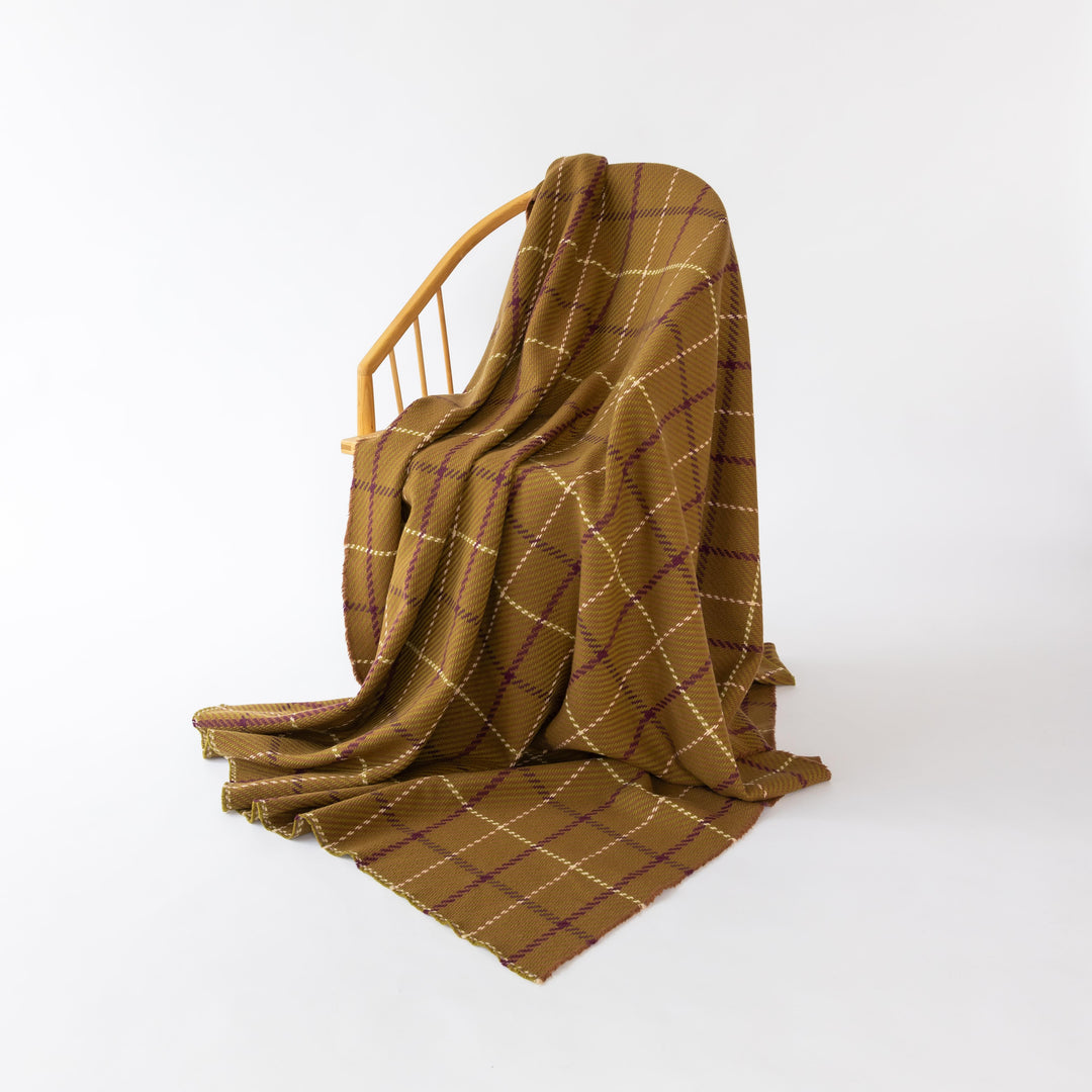 Large Olive and Plum Open Check Pure Wool Blanket