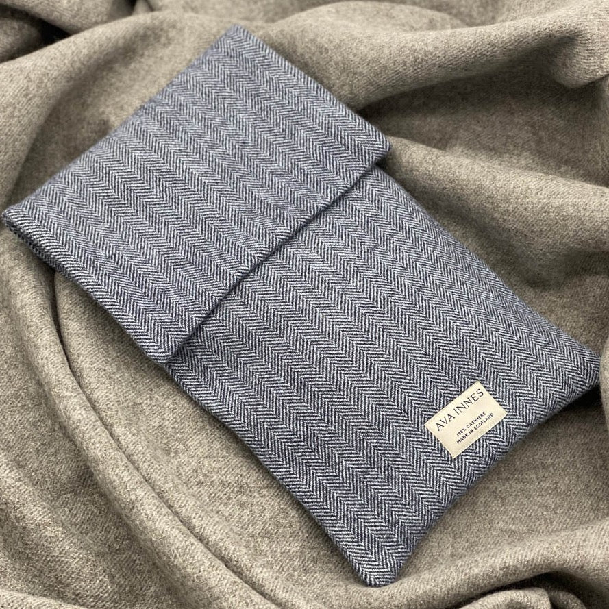 Ava Innes Luxury Cashmere Navy Herringbone Hot Water Bottle Cover
