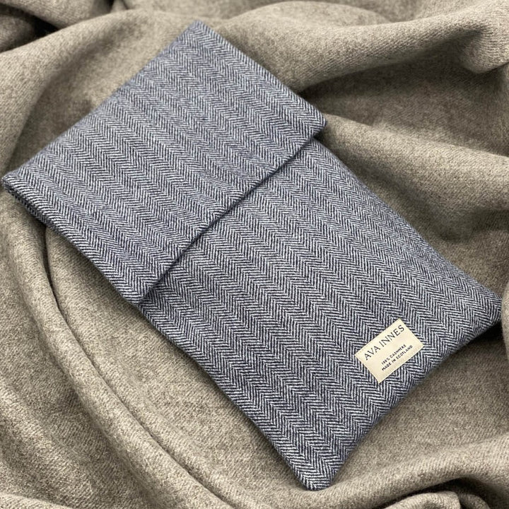 Ava Innes Luxury Cashmere Navy Herringbone Hot Water Bottle Cover