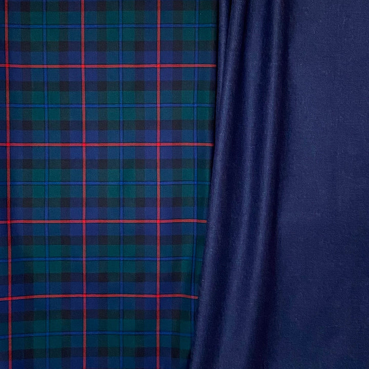 Tartan and Blue Herringbone Double Sided Fine Wool Throw