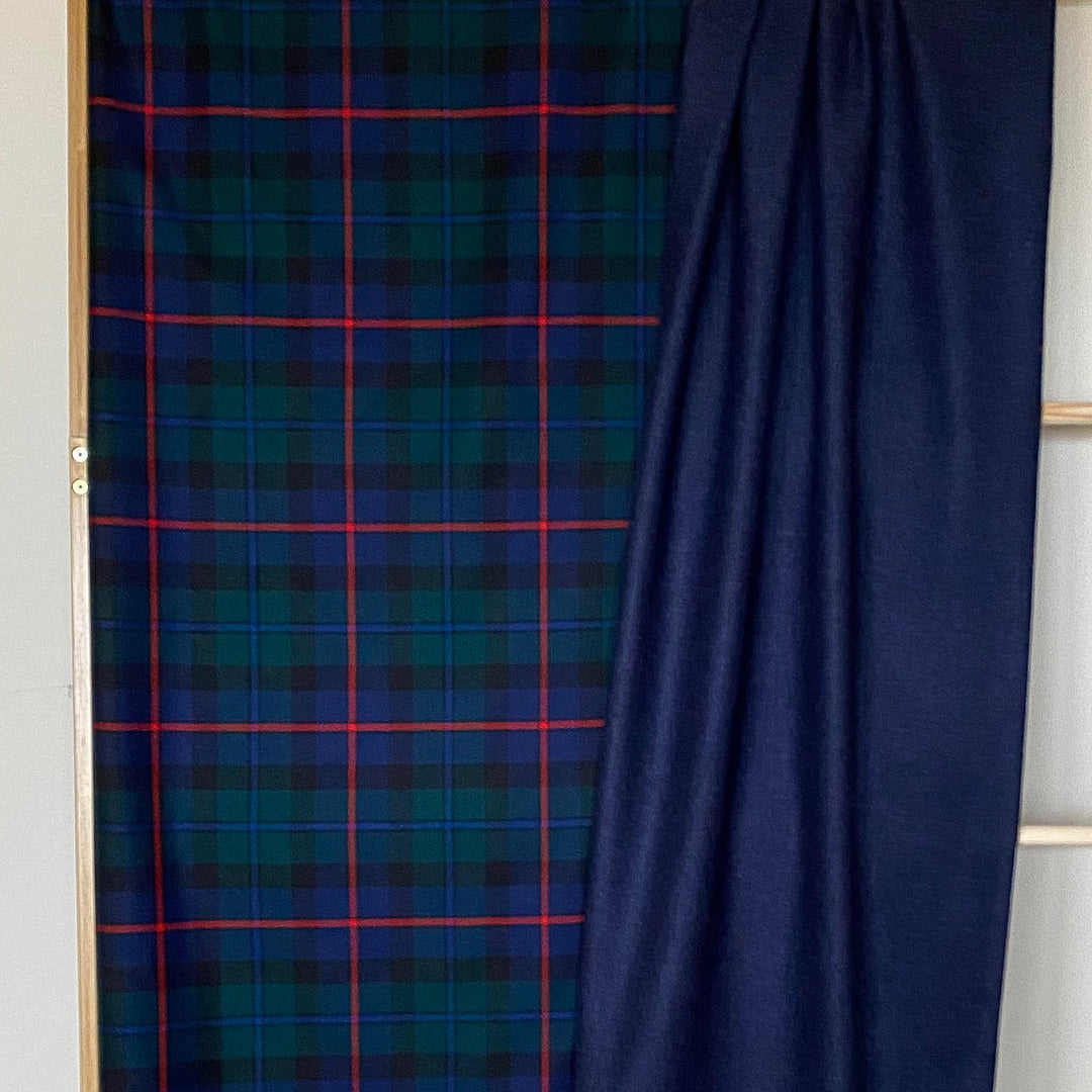Tartan and Blue Herringbone Double Sided Fine Wool Throw