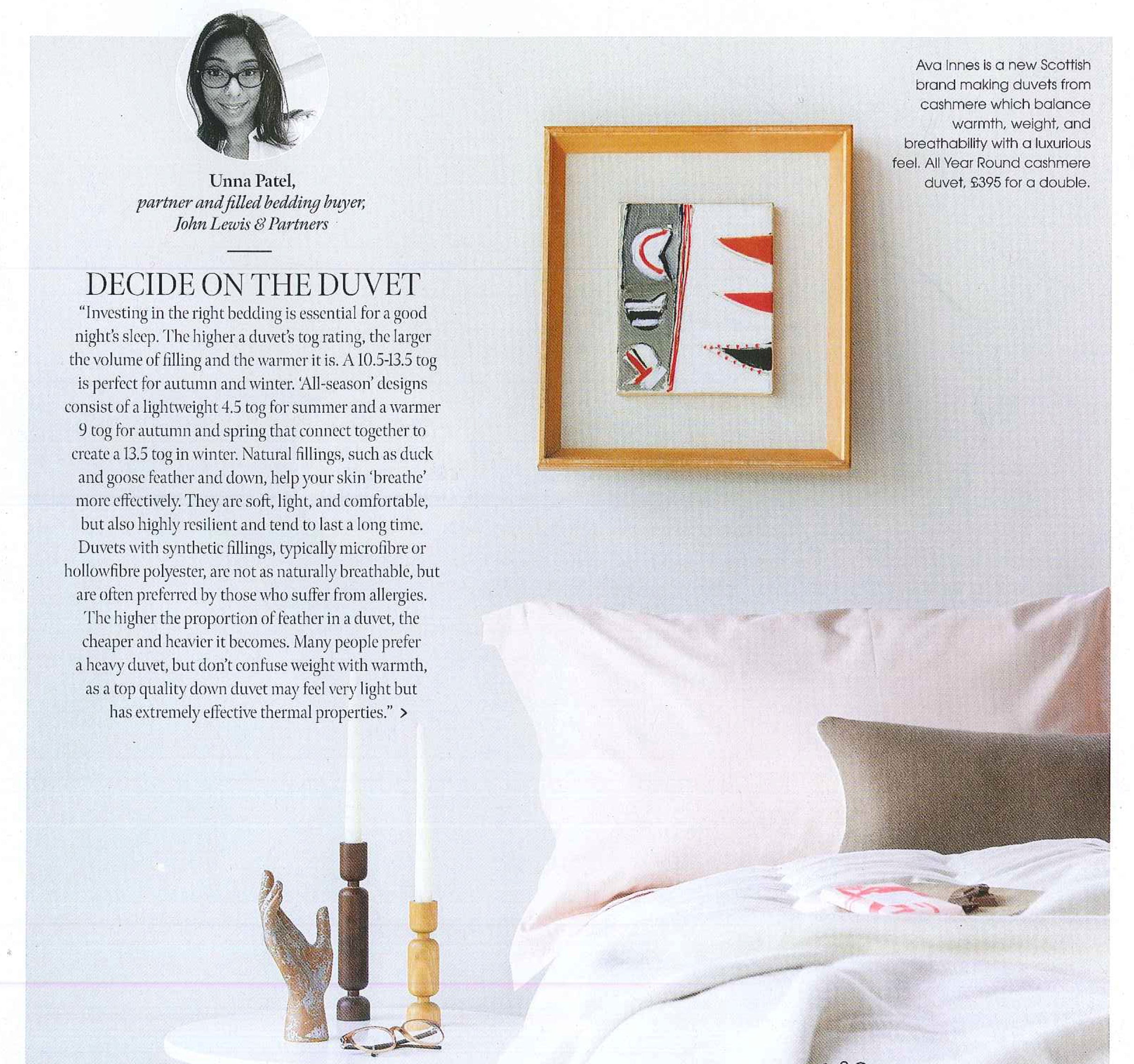 AVA INNES duvets recommended in the "Going Green" issue -Jan 2020, of Kitchens Bedrooms & Bathrooms magazine.