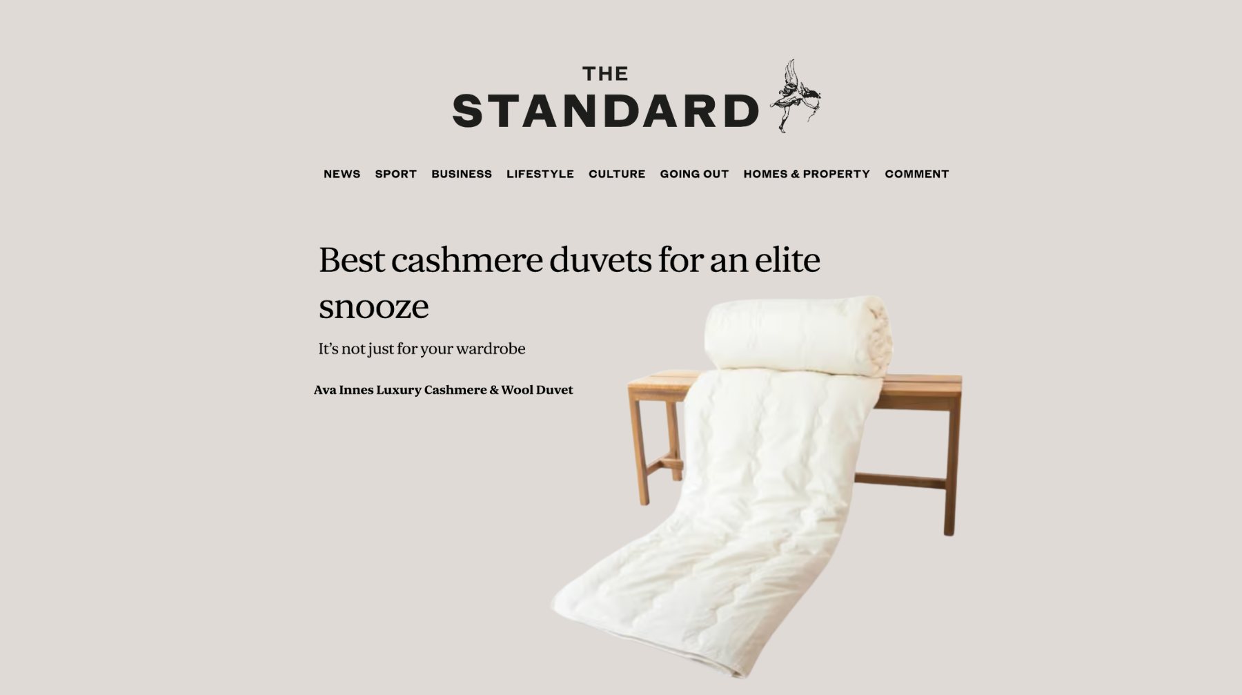 Ava Innes luxury cashmere duvet in the London Evening Standard