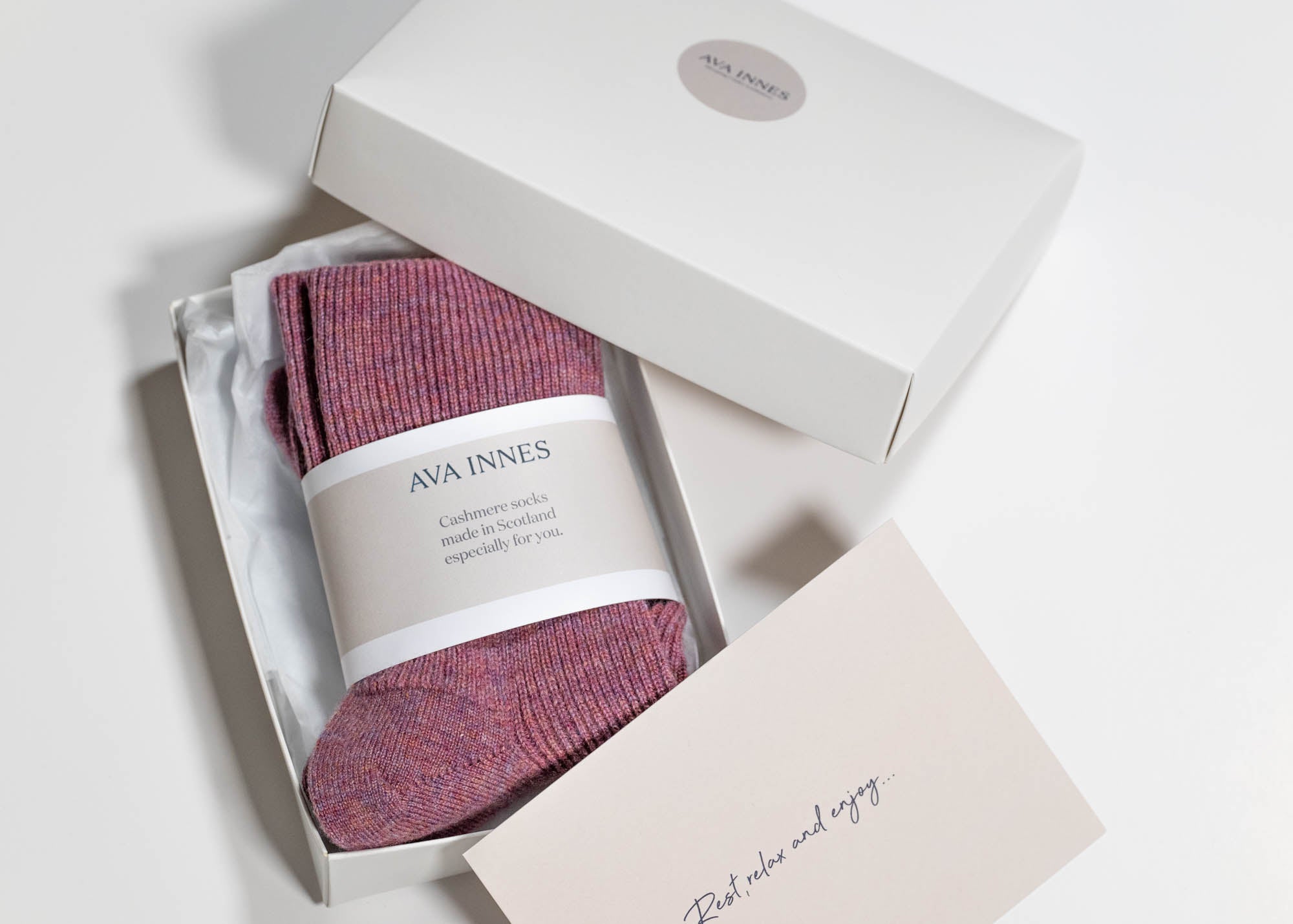 Ava Innes heather cashmere socks in a gift box made in Scotland