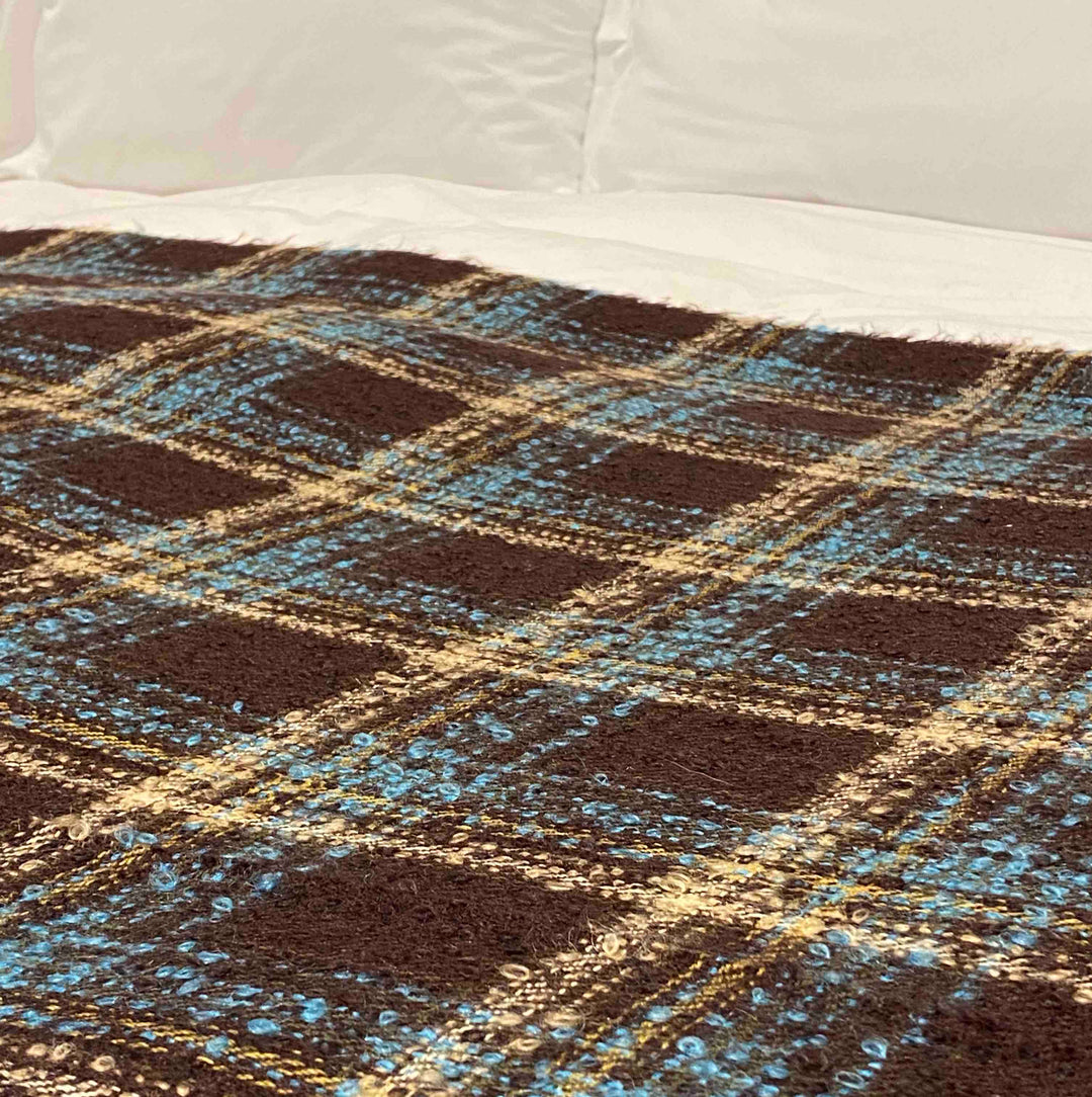 Brown and Teal Boucle Large Luxury Wool Blanket