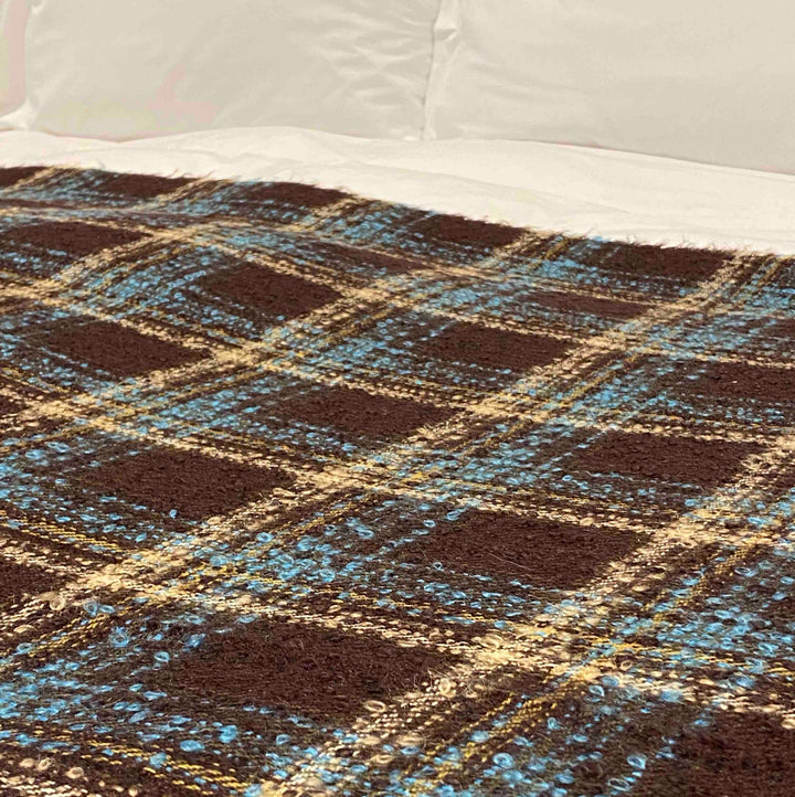 Brown and Teal Boucle Large Luxury Wool Blanket