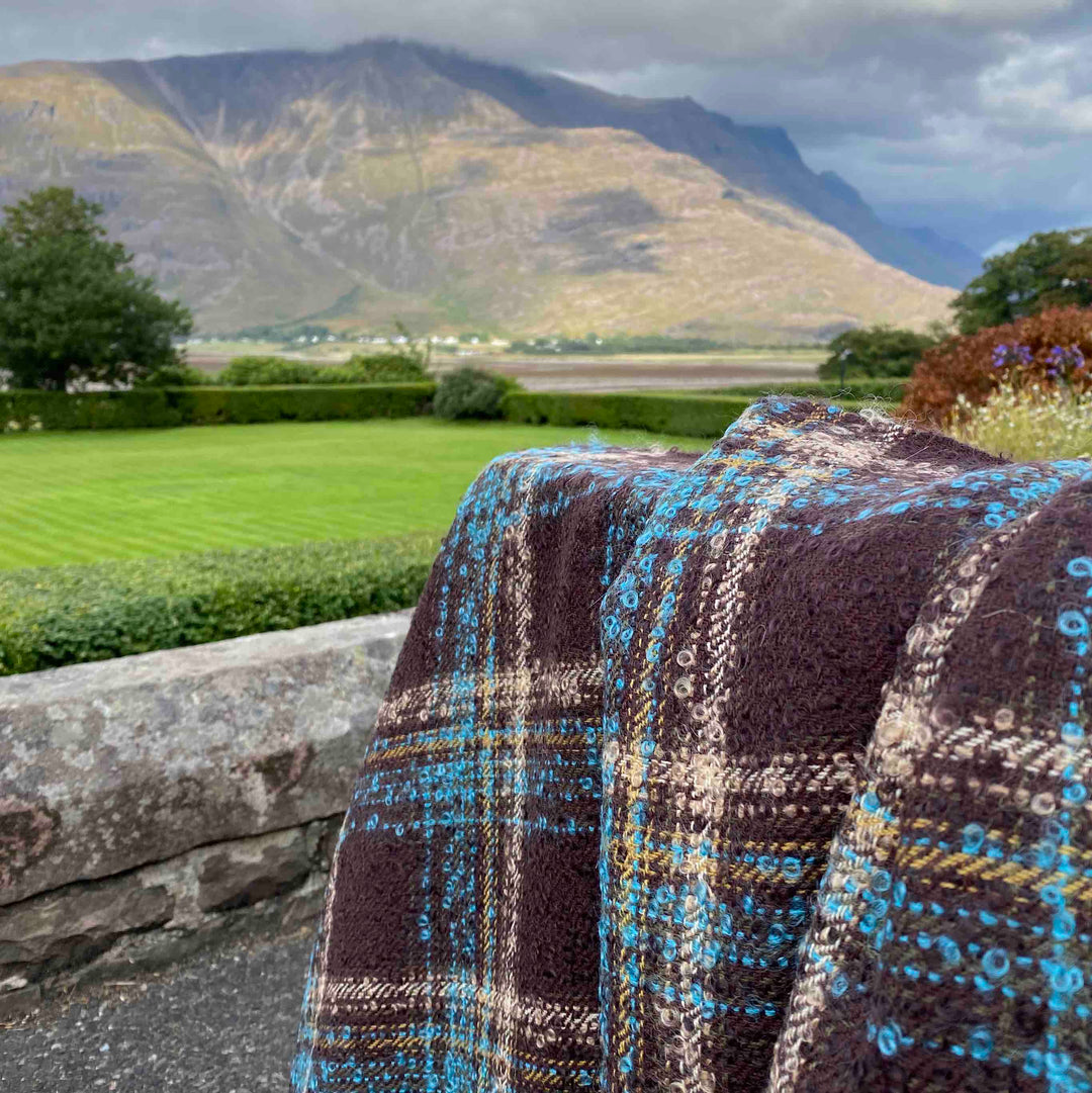 Brown and Teal Boucle Large Luxury Wool Blanket