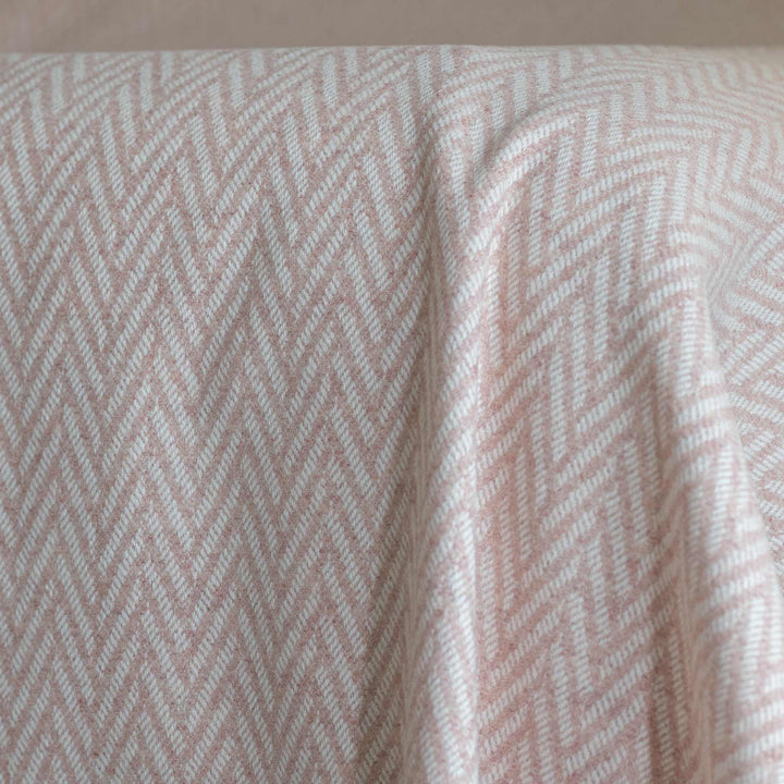 Pink and White Large Herringbone Pure Wool Blanket