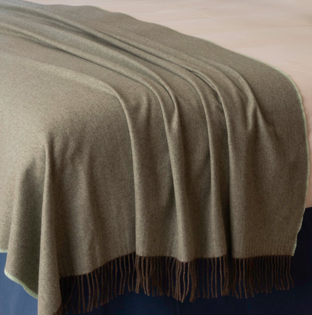 Soft Green Long Cashmere Herringbone Blanket