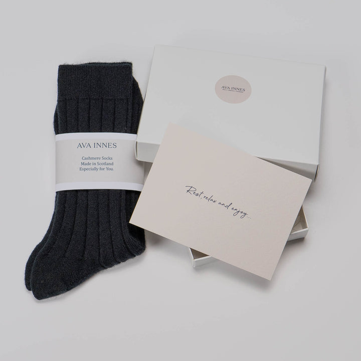 Men's black cashmere ribbed socks by Ava Innes, Scotland