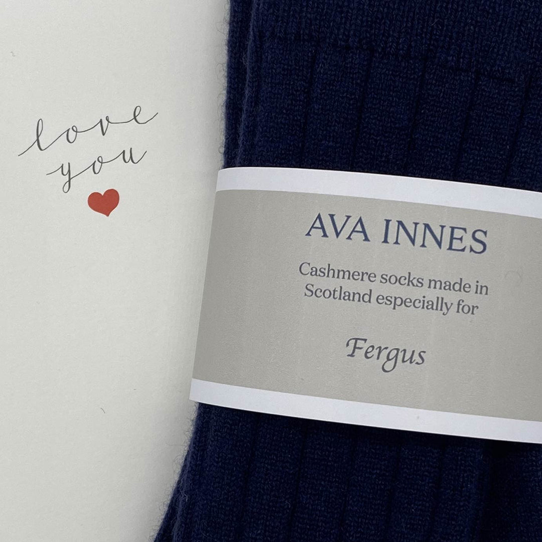 Men's Navy Luxury Ribbed Scottish  Cashmere Socks Gift Boxed, made in UK by Ava Innes