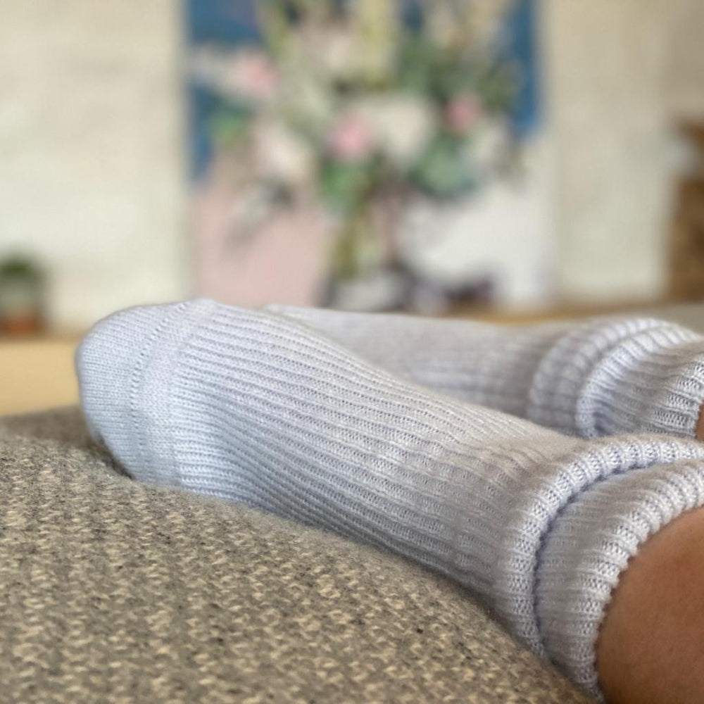 Soft blue cashmere bed sock made in Scotland, Ava Innes