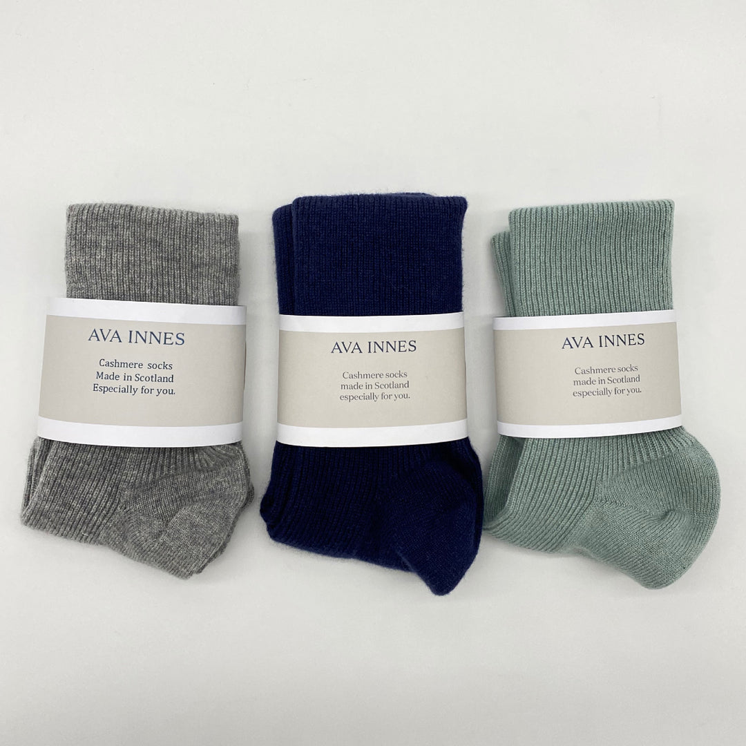 Gift set of scottish cashmere socks, navy, grey, aqua green. Ava  Innes