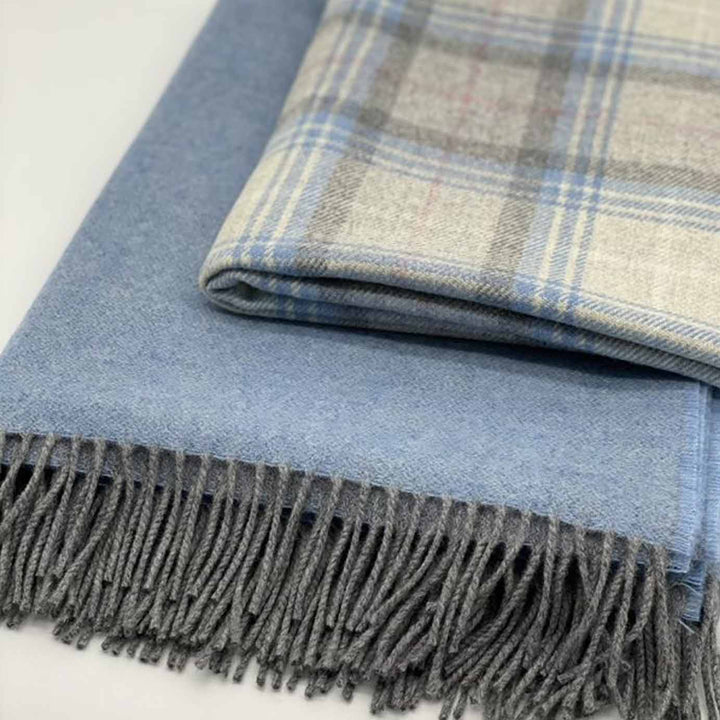 Speyside Grey Blue Check Merino Wool Blanket