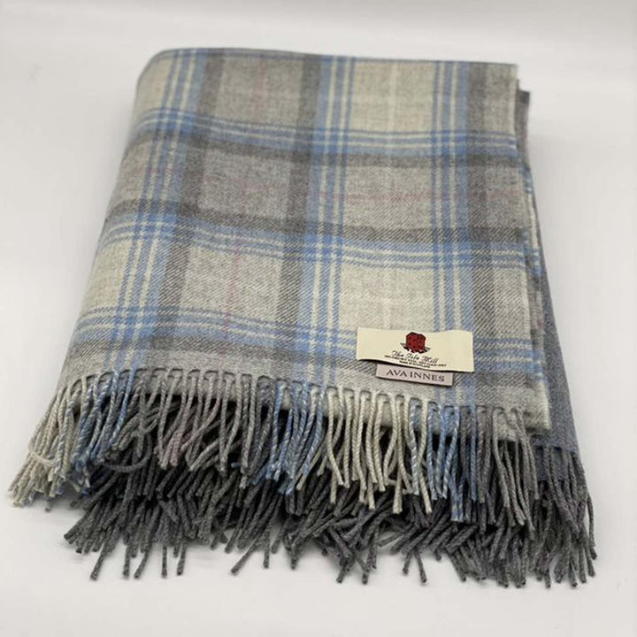 Speyside Grey Blue Check Merino Wool Blanket