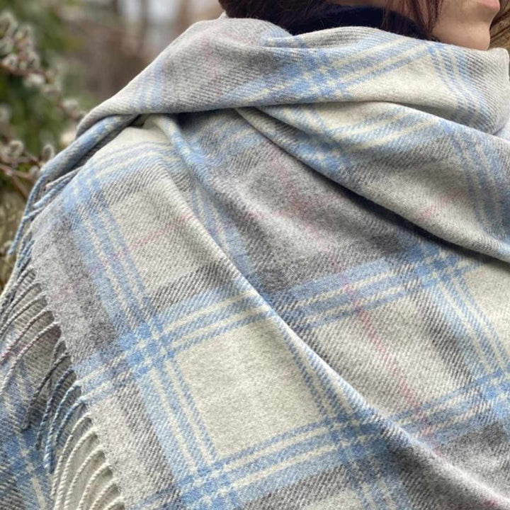 Speyside Grey Blue Check Merino Wool Blanket