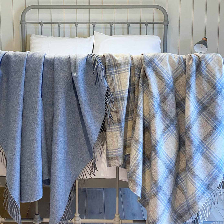 Speyside Grey Blue Check Merino Wool Blanket