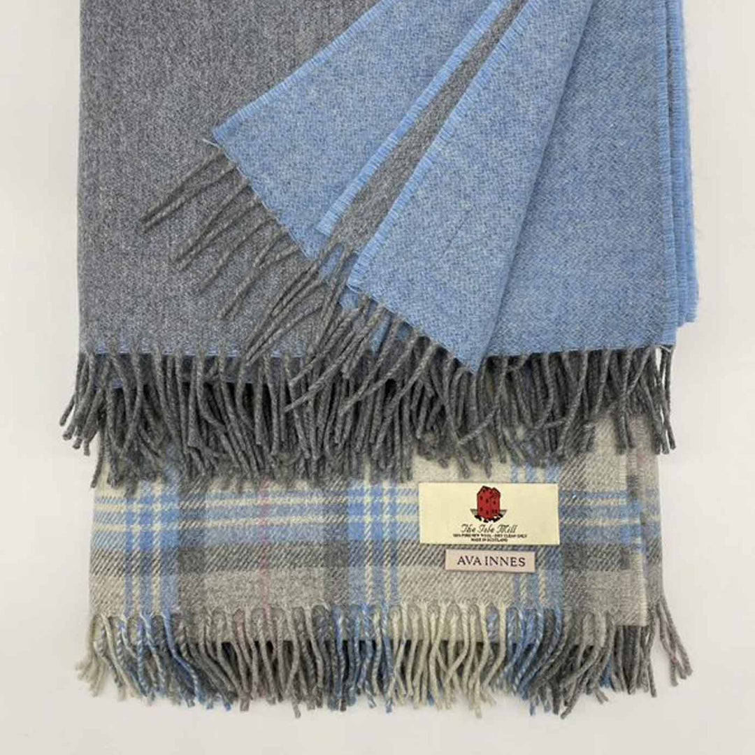 Speyside Grey Blue Check Merino Wool Blanket