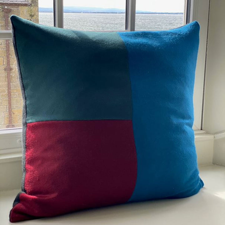 Teal, Green & Red Block Cashmere Cushion | Made In UK | Ava Innes