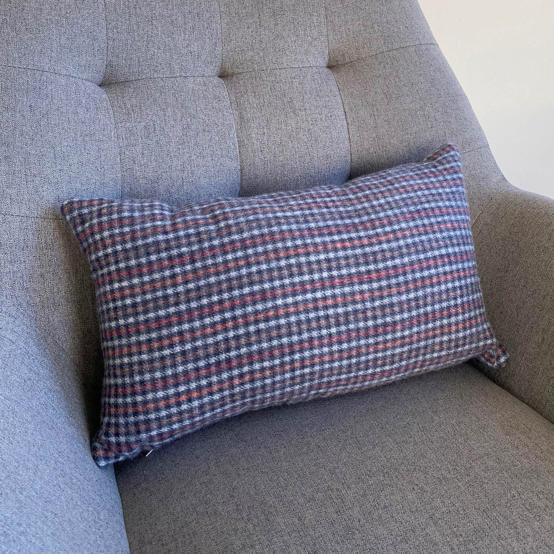 Navy, Red and  Cream Checked Cashmere Cushion