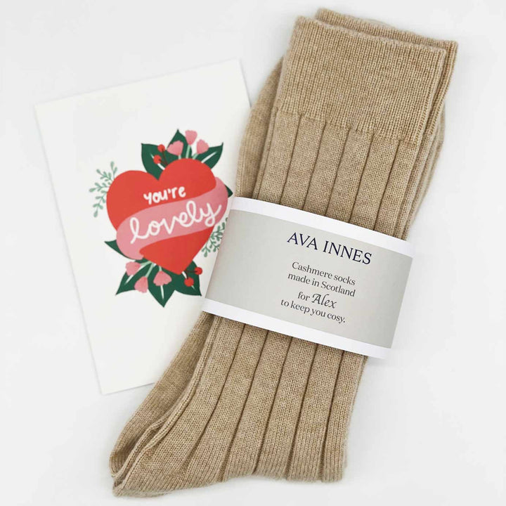 Men's Beige Scottish Cashmere Mens Socks Gift Boxed by Ava Innes