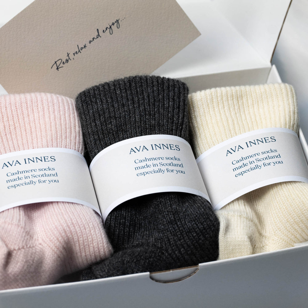 Cashmere bed socks made in Scotland by Ava Innes