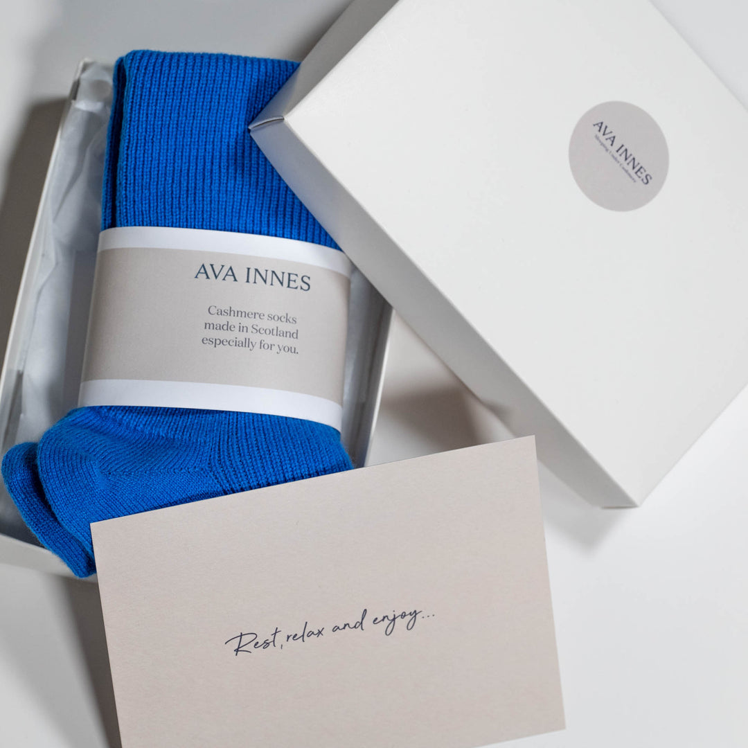 Sea Blue Ribbed Cashmere Socks, made in Scotland