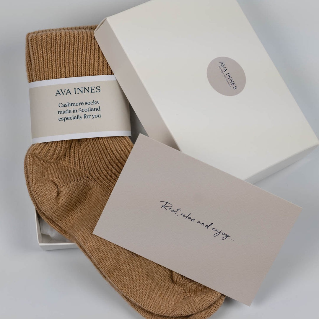 Camel Pure Cashmere Bed Socks Made in Scotland by Ava Innes