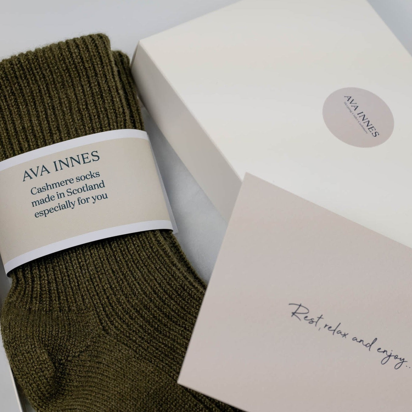 Olive Cashmere Bed Socks Made in Scotland by Ava Innes