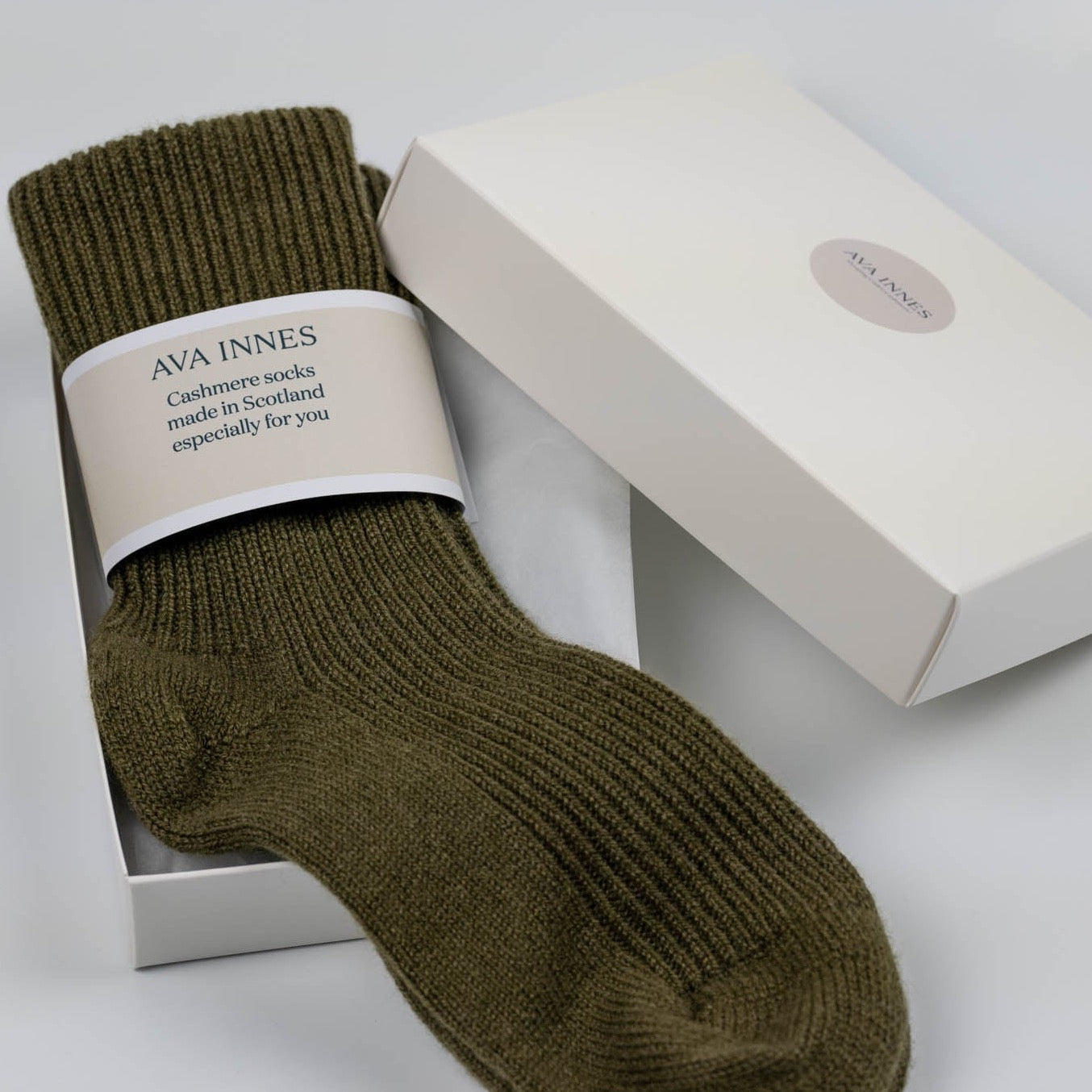 Olive Pure Cashmere Bed Socks Made in Scotland by Ava Innes