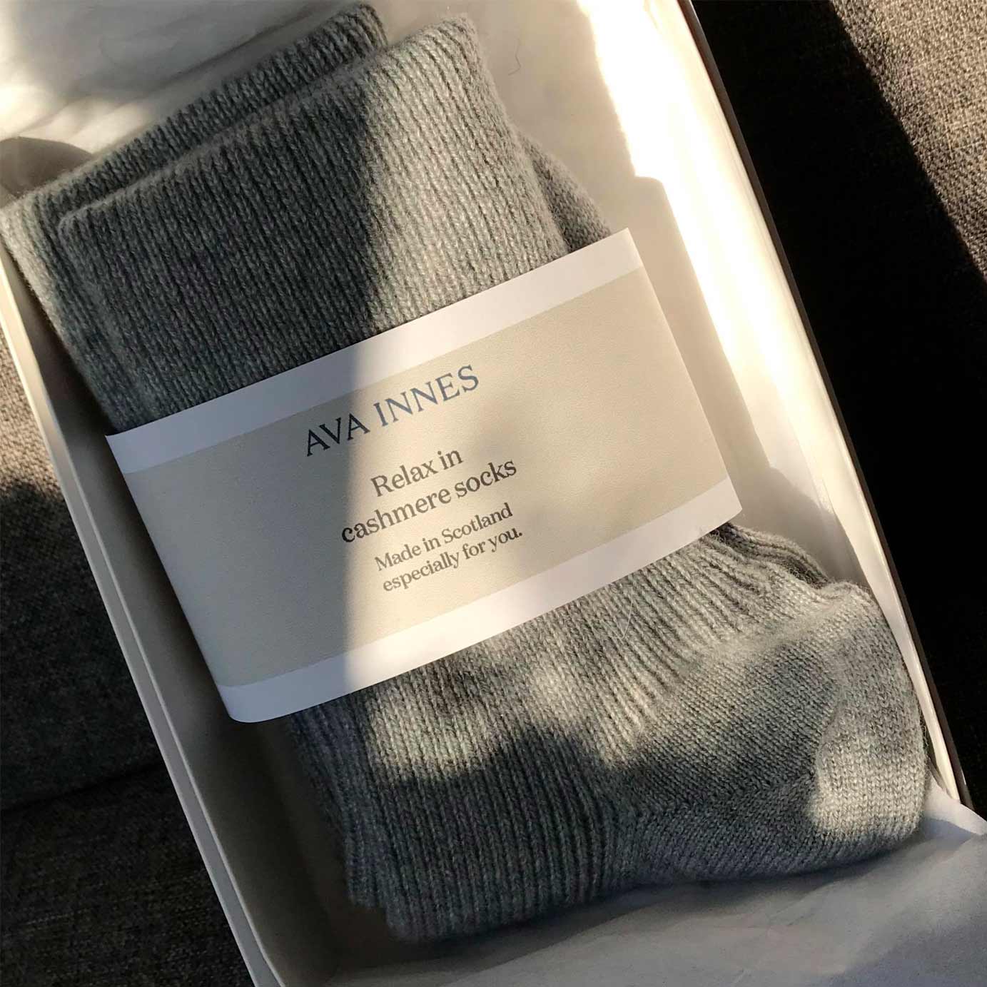 Grey ladies cashmere socks by Ava Innes, made in Scotland