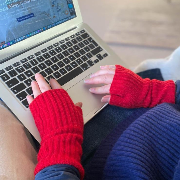 Red Cashmere Ribbed Fingerless Gloves / Wrist Warmers