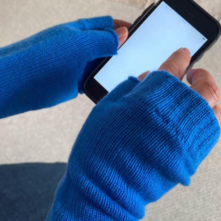 Blue Cashmere Ribbed Fingerless Gloves / Wrist Warmers